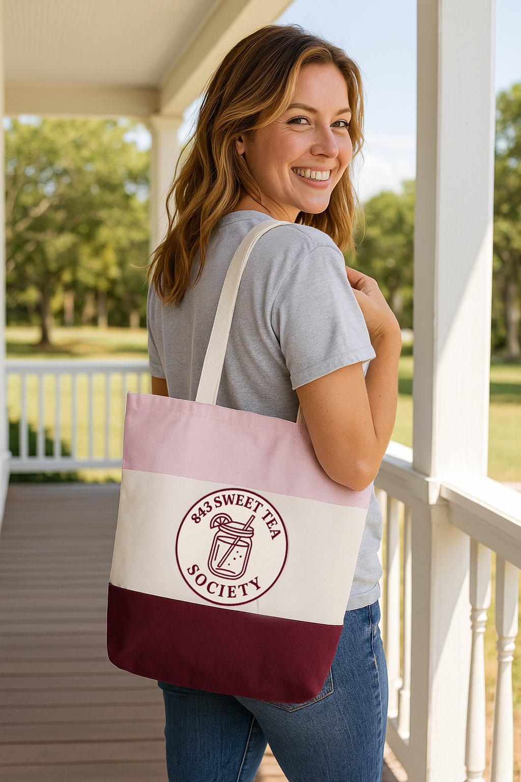 843 Sweet Tea Society – Tri-Color Canvas Tote Pink/Natural/Maroon