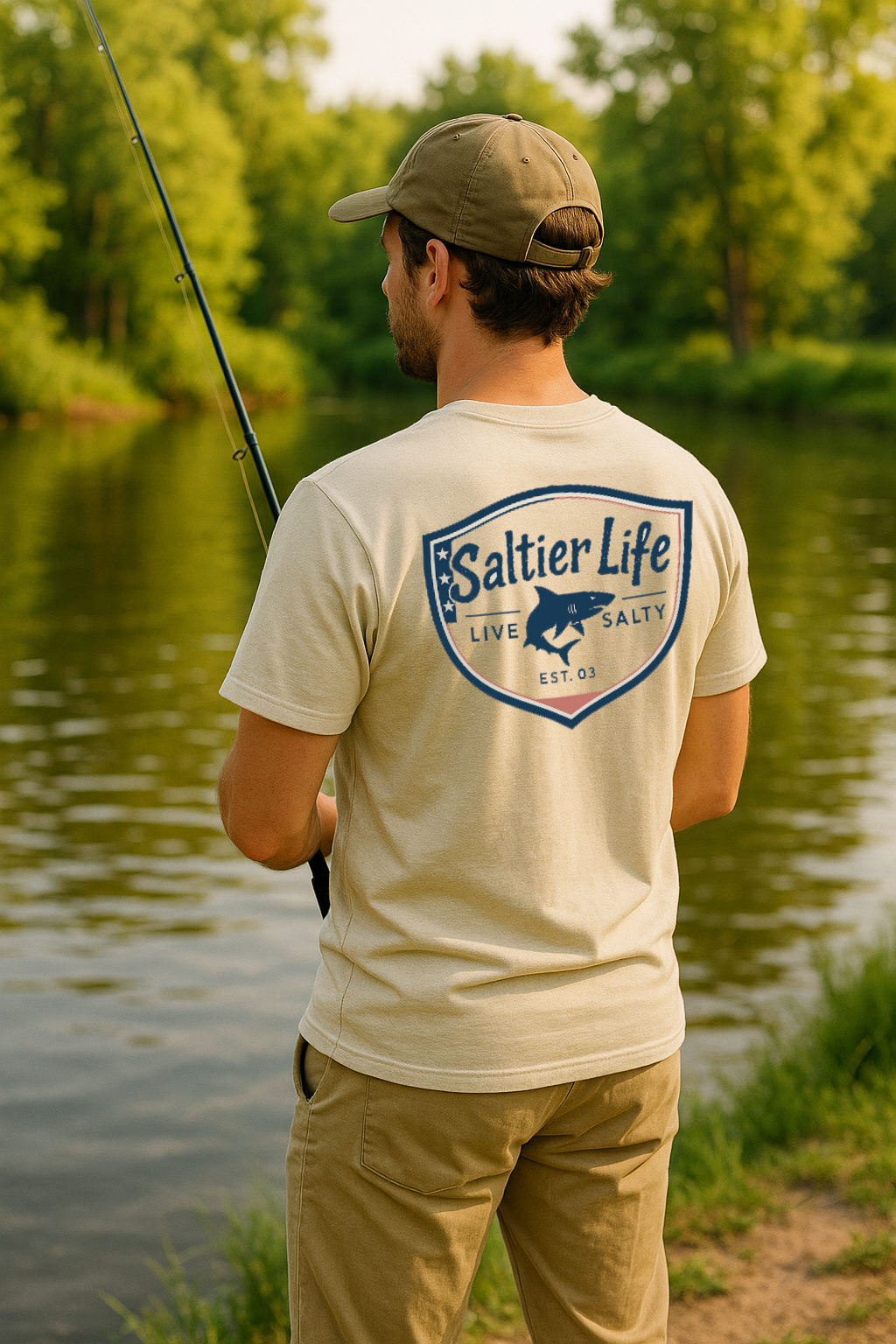Saltier Life -- Live Saltier Shark Shield T-Shirt | Coastal Lifestyle Parody Tee