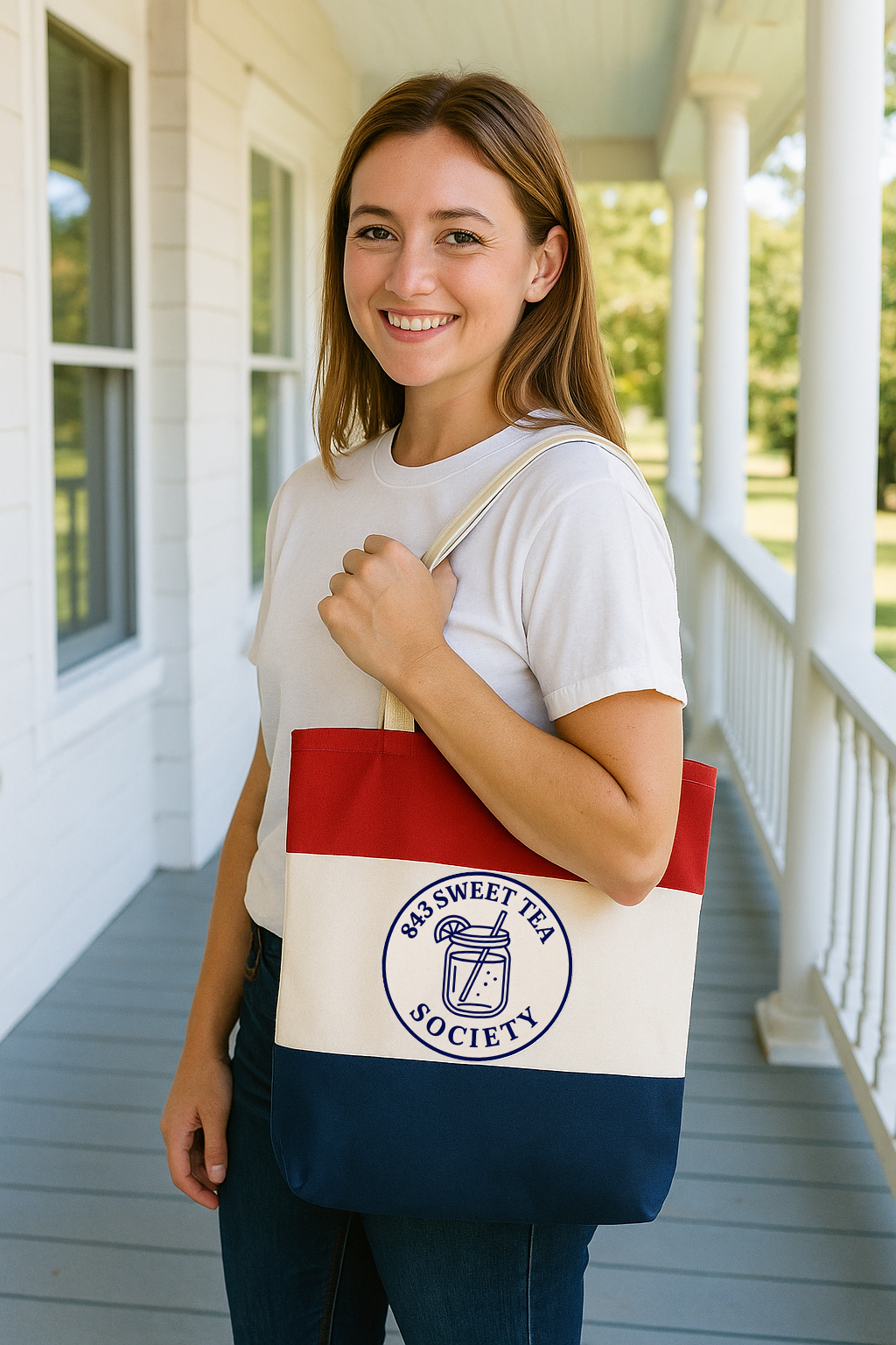 843 Sweet Tea Society – Tri-Color Canvas Tote Red/Natural/Navy Blue